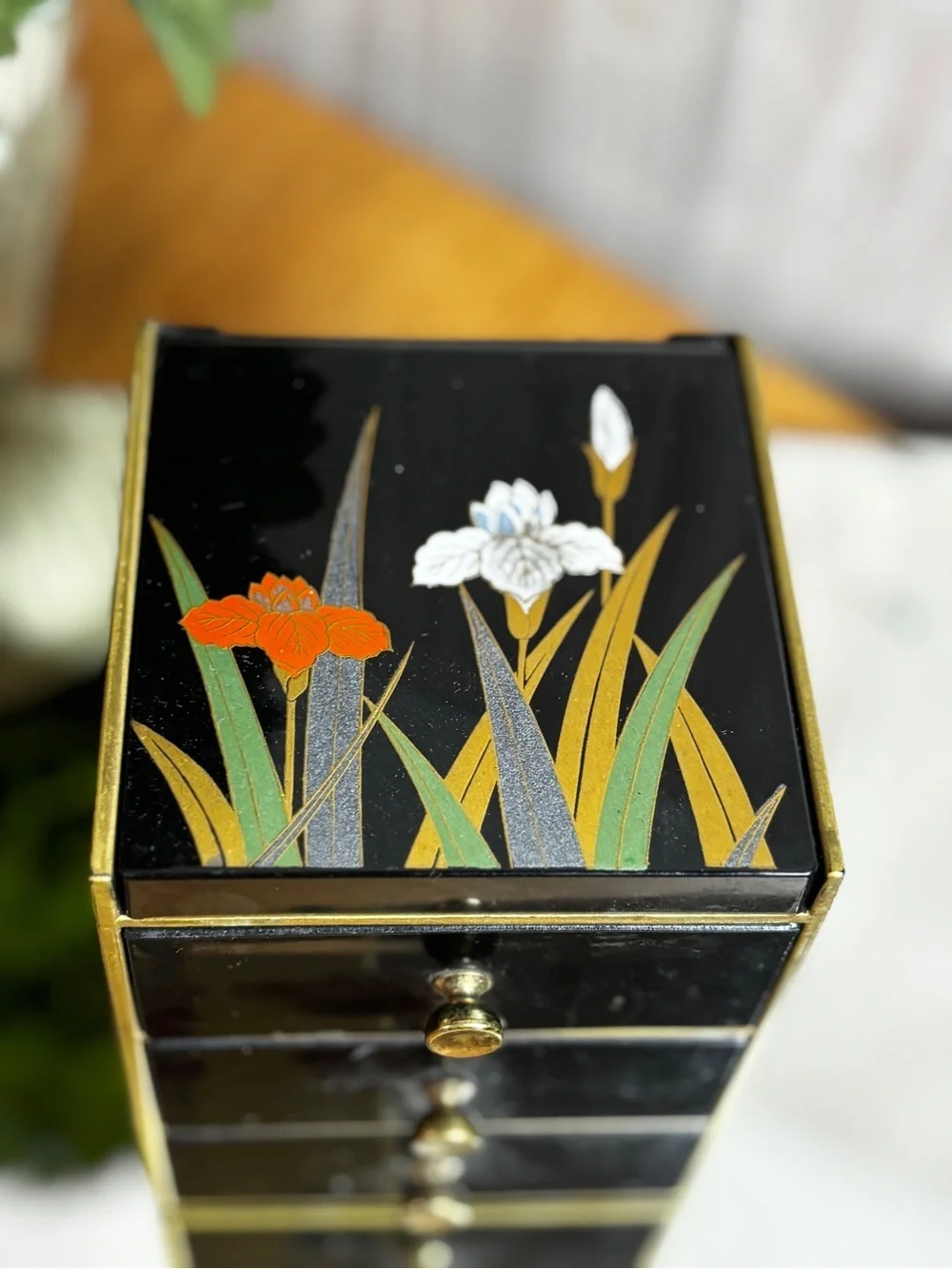 Otagiri Black Lacquer 3-Drawer Jewelry Chest with Floral Motif and Gold Trim